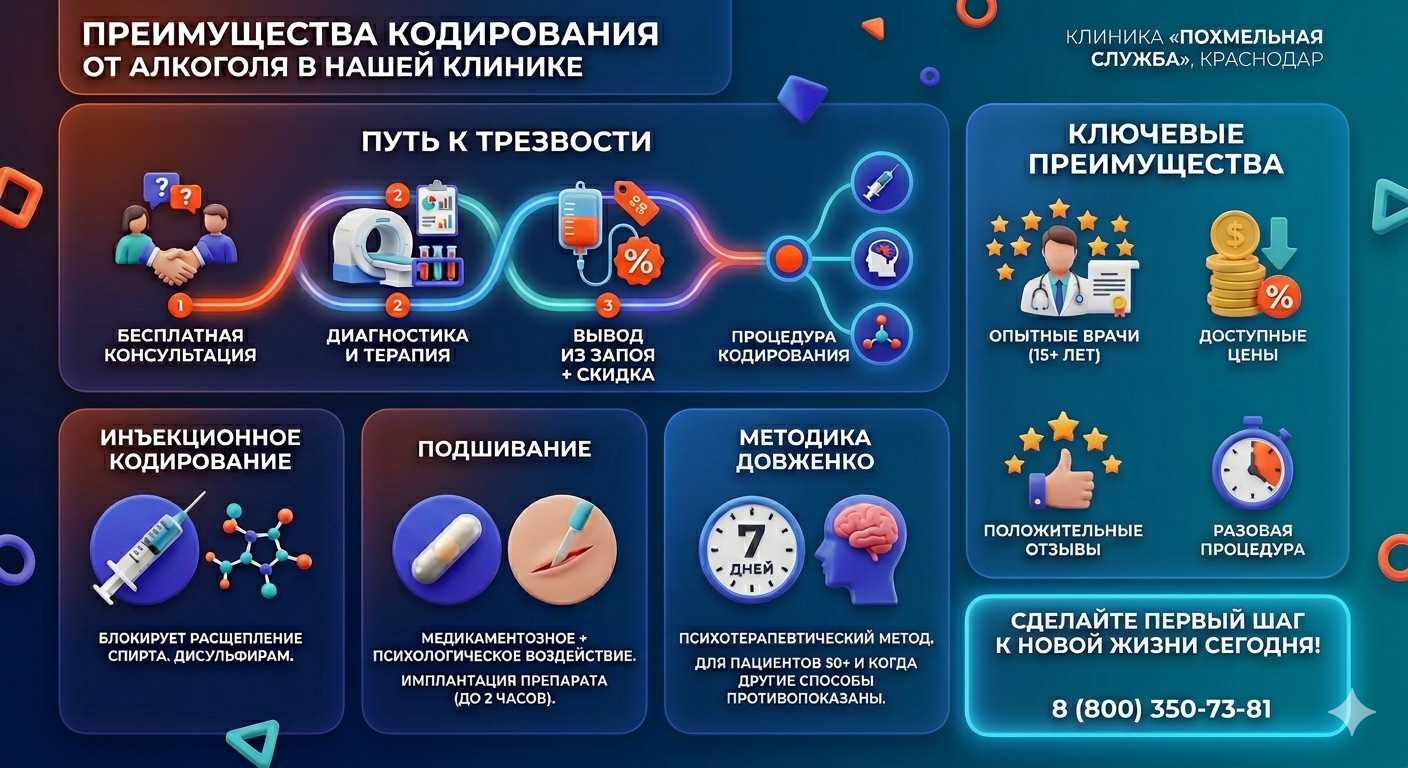 Инфографика о методах кодирования от алкоголя в Уржуме: инъекции, подшивание, метод Довженко. Преимущества клиники и этапы лечения.